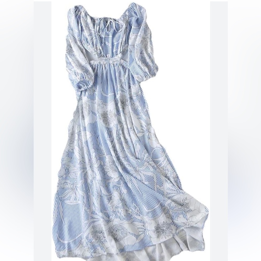 Chicwish Stripe Floral Open Back Long Sleeve Small Blue White Maxi Dress - Picture 2 of 4